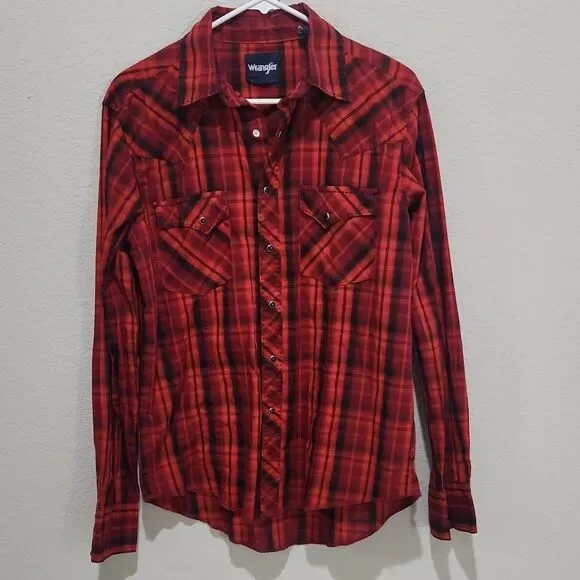 Wrangler Mens Plaid Button Up Shirt Red Black Long Sleeve Western MVG291R - Picture 1 of 7